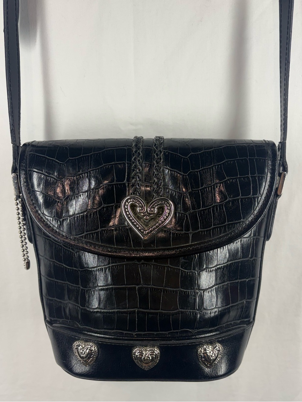 Brighton Black Croc Embossed Leather Heart Crossbody Bag Y2K